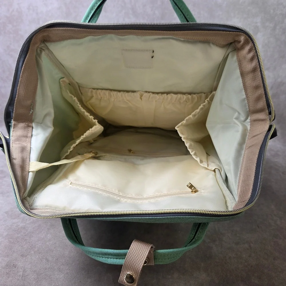 Taylor'd Baby Diaper Bag Backpack Green Canvas Travel Organizer Gold Hardware